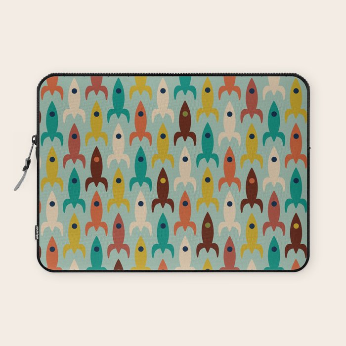Retro Rockets - Midcentury Modern Atomic Age Aerospace Pattern in Teal, Orange, Mustard, and Celadon Laptop Sleeve Gallery Image 1