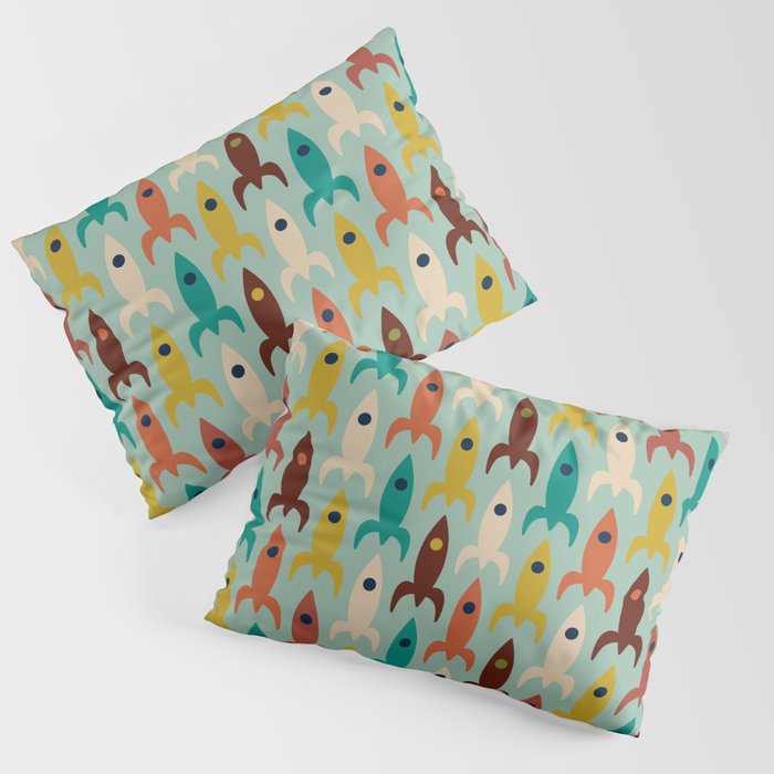 Retro Rockets - Midcentury Modern Atomic Age Aerospace Pattern in Teal, Orange, Mustard, and Celadon Pillow Sham Gallery Image 3