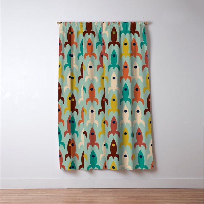 Retro Rockets - Midcentury Modern Atomic Age Aerospace Pattern in Teal, Orange, Mustard, and Celadon Window Curtain Gallery Image 3