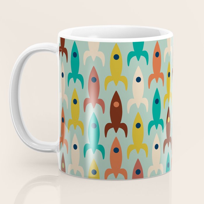 Retro Rockets - Midcentury Modern Atomic Age Aerospace Pattern in Teal, Orange, Mustard, and Celadon Coffee Mug Gallery Image 3