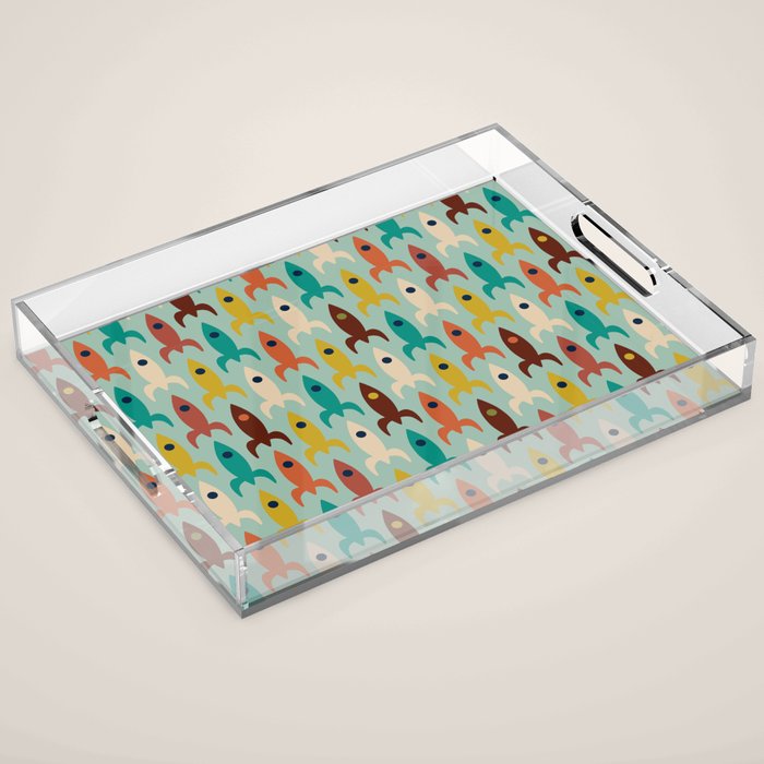 Retro Rockets - Midcentury Modern Atomic Age Aerospace Pattern in Teal, Orange, Mustard, and Celadon Acrylic Tray Gallery Image 1