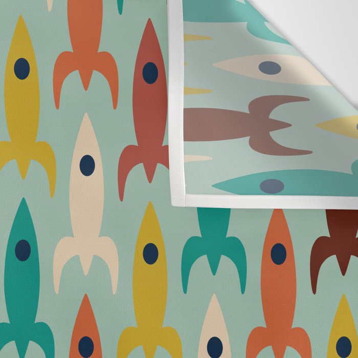 Retro Rockets - Midcentury Modern Atomic Age Aerospace Pattern in Teal, Orange, Mustard, and Celadon Wall Tapestry Gallery Image 3