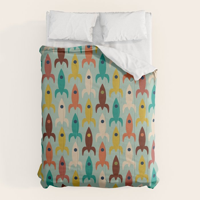 Retro Rockets - Midcentury Modern Atomic Age Aerospace Pattern in Teal, Orange, Mustard, and Celadon Comforter Gallery Image 1