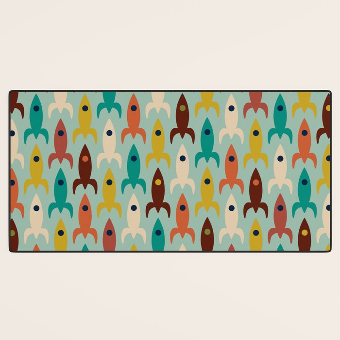 Retro Rockets - Midcentury Modern Atomic Age Aerospace Pattern in Teal, Orange, Mustard, and Celadon Desk Mat Gallery Image 3