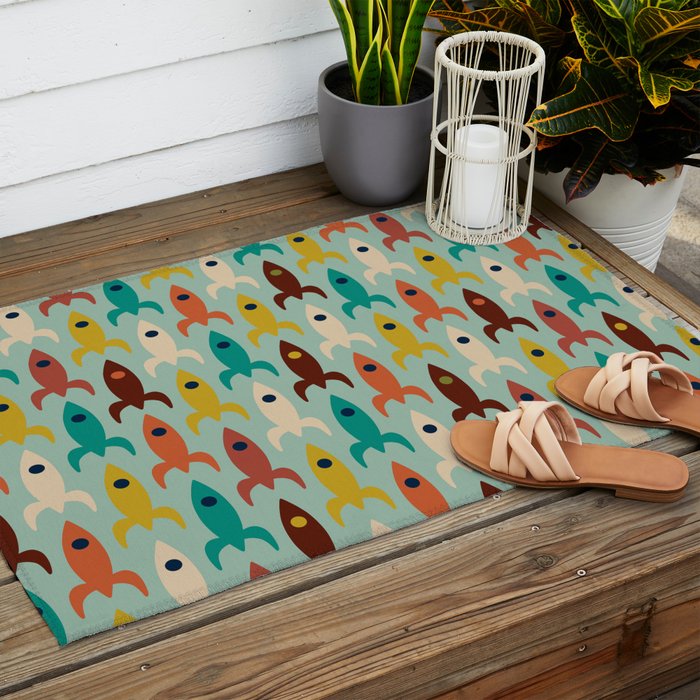 Retro Rockets - Midcentury Modern Atomic Age Aerospace Pattern in Teal, Orange, Mustard, and Celadon Outdoor Rug Gallery Image 2