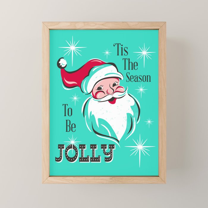 'Tis The Season - Retro Santa Aqua Colorful Mini Art Print Gallery Image 1