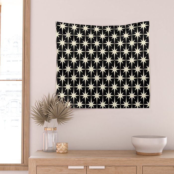 Midcentury Modern Atomic Age Starburst Pattern in Retro Cream and Black Wall Tapestry Gallery Image 2
