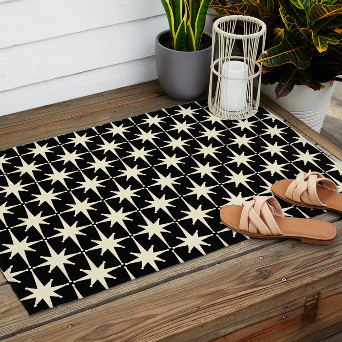 Midcentury Modern Atomic Age Starburst Pattern in Retro Cream and Black Outdoor Rug Gallery Image 2
