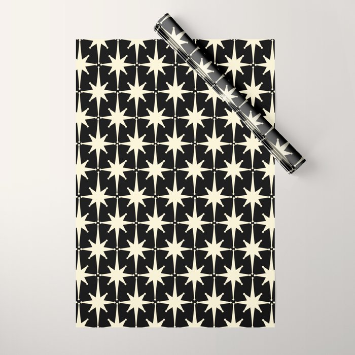 Midcentury Modern Atomic Age Starburst Pattern in Retro Cream and Black Wrapping Paper Gallery Image 1