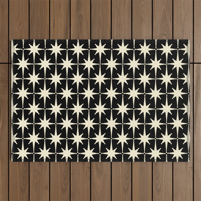 Midcentury Modern Atomic Age Starburst Pattern in Retro Cream and Black Outdoor Rug Gallery Image 1