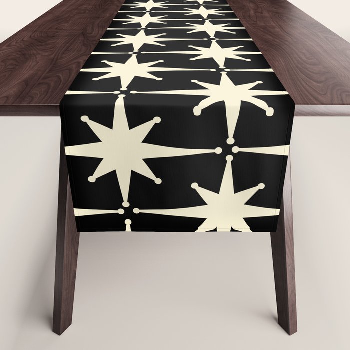 Midcentury Modern Atomic Age Starburst Pattern in Retro Cream and Black Table Runner Gallery Image 1