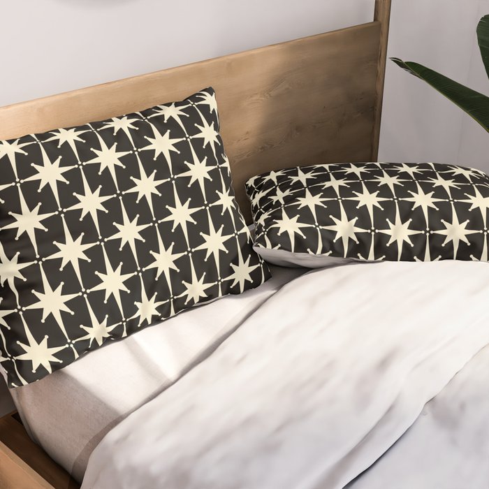 Midcentury Modern Atomic Age Starburst Pattern in Retro Cream and Black Pillow Sham Gallery Image 2