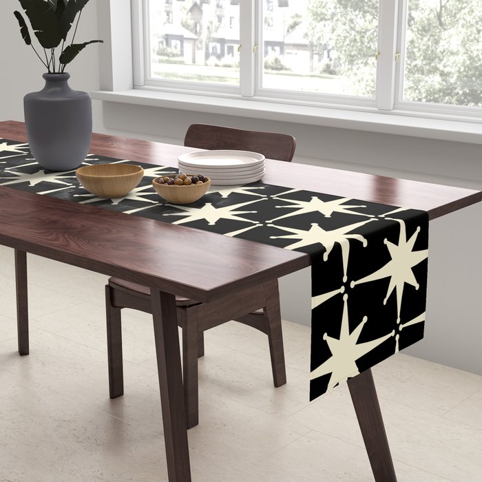 Midcentury Modern Atomic Age Starburst Pattern in Retro Cream and Black Table Runner Gallery Image 2