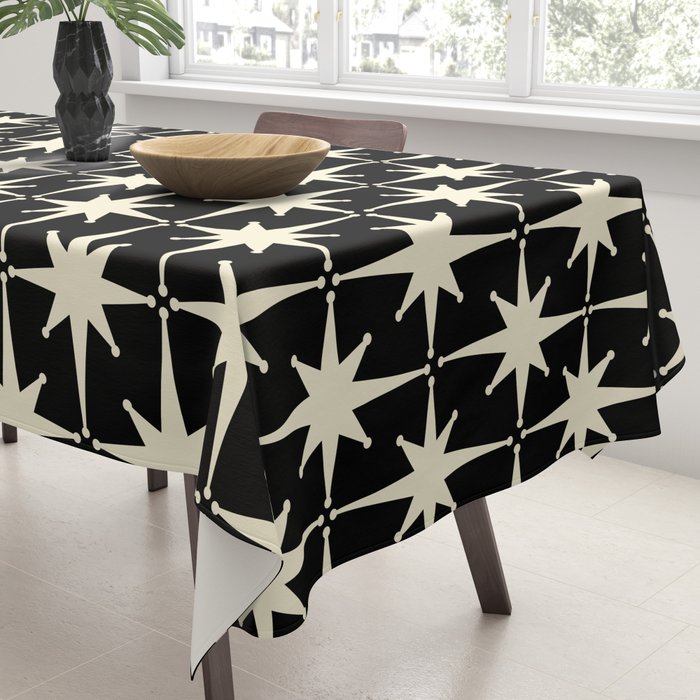 Midcentury Modern Atomic Age Starburst Pattern in Retro Cream and Black Tablecloth Gallery Image 3