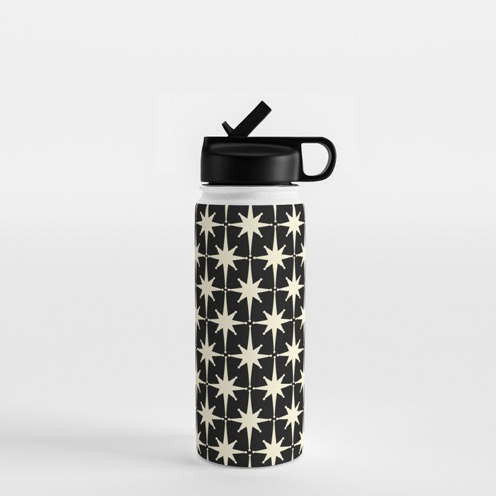 Midcentury Modern Atomic Age Starburst Pattern in Retro Cream and Black Water Bottle Gallery Image 1