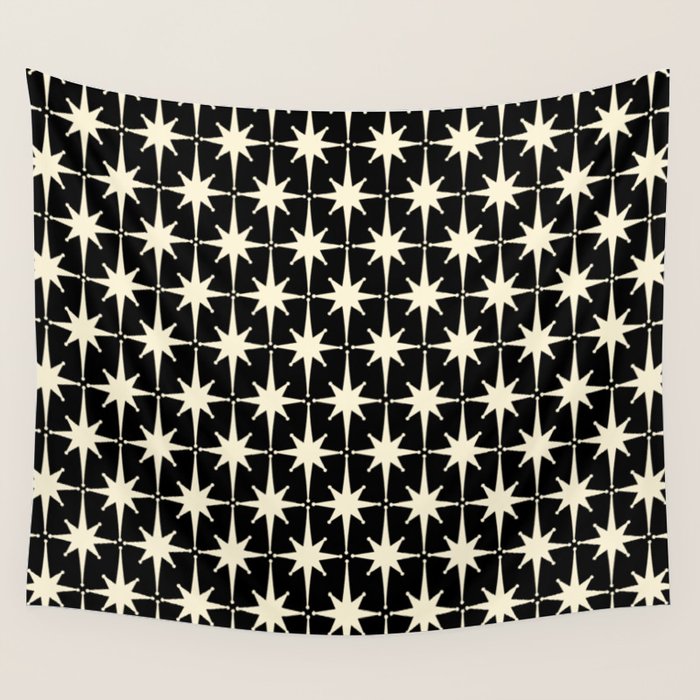 Midcentury Modern Atomic Age Starburst Pattern in Retro Cream and Black Wall Tapestry Gallery Image 1