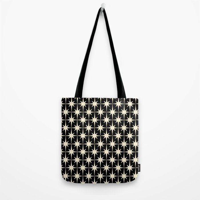 Midcentury Modern Atomic Age Starburst Pattern in Retro Cream and Black Tote Bag Gallery Image 2