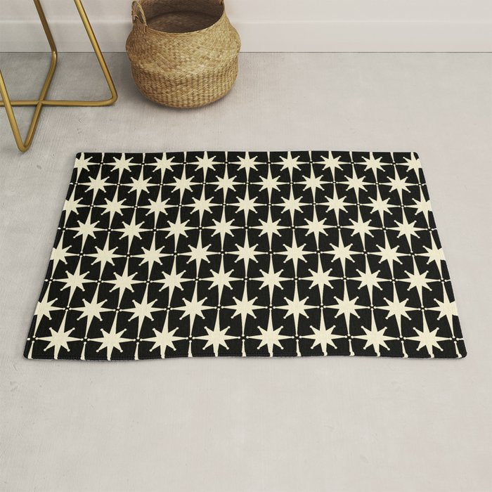Midcentury Modern Atomic Age Starburst Pattern in Retro Cream and Black Rug Gallery Image 1