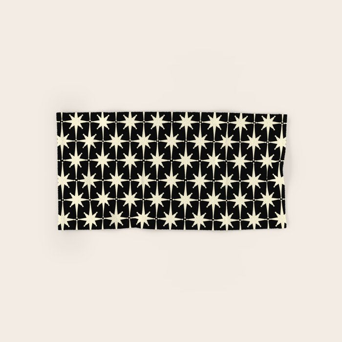 Midcentury Modern Atomic Age Starburst Pattern in Retro Cream and Black Bath Towel Gallery Image 1