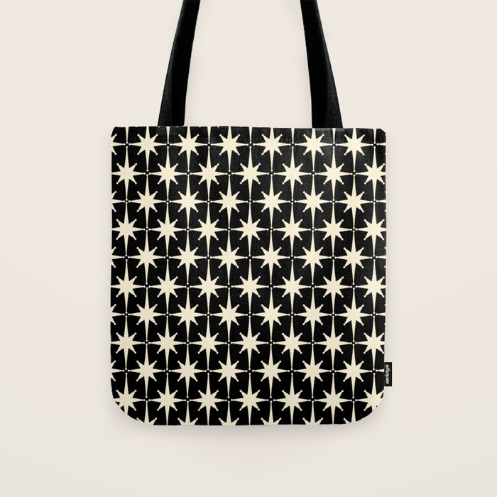 Midcentury Modern Atomic Age Starburst Pattern in Retro Cream and Black Tote Bag Gallery Image 1