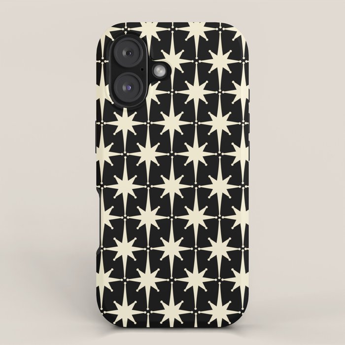 Midcentury Modern Atomic Age Starburst Pattern in Retro Cream and Black iPhone Case Gallery Image 1