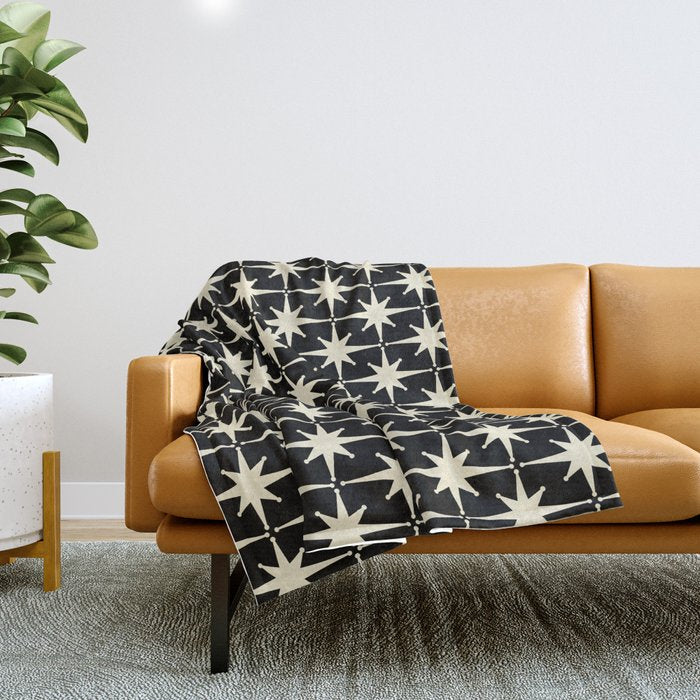 Midcentury Modern Atomic Age Starburst Pattern in Retro Cream and Black Throw Blanket Gallery Image 1