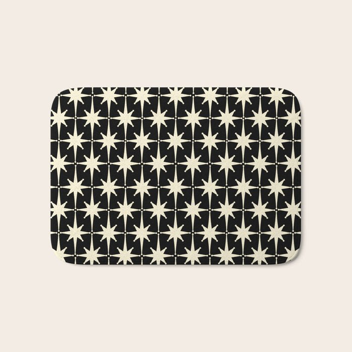 Midcentury Modern Atomic Age Starburst Pattern in Retro Cream and Black Bath Mat Gallery Image 1