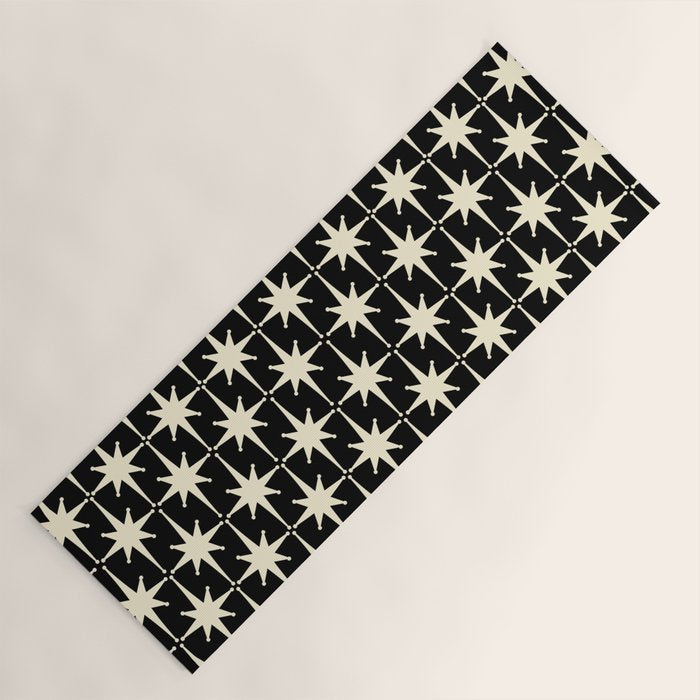 Midcentury Modern Atomic Age Starburst Pattern in Retro Cream and Black Yoga Mat Gallery Image 1