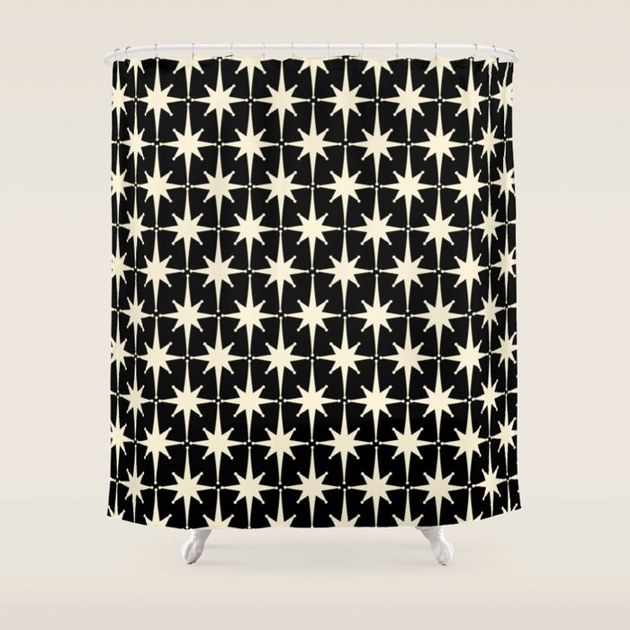 Midcentury Modern Atomic Age Starburst Pattern in Retro Cream and Black Shower Curtain Gallery Image 1