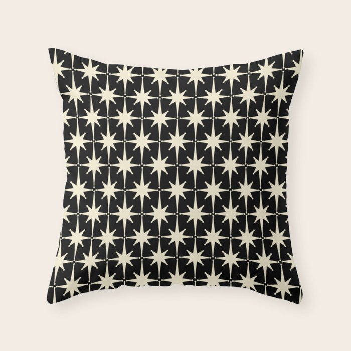 Midcentury Modern Atomic Age Starburst Pattern in Retro Cream and Black Throw Pillow Gallery Image 6