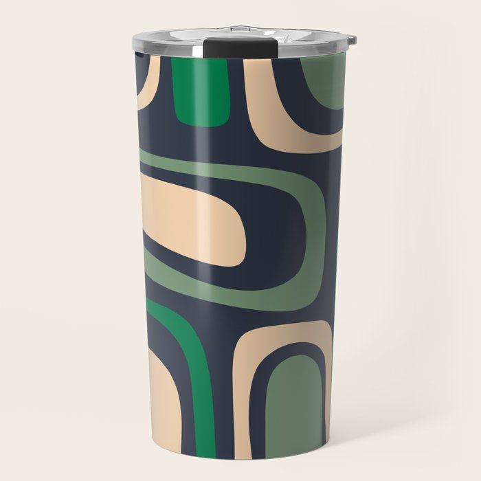Palm Springs Retro Mid Century Modern Abstract Pattern Dark Blue, Green, and Beige Travel Mug Gallery Image 1