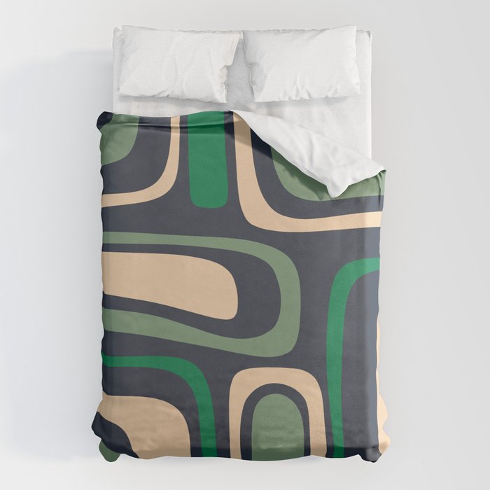 Palm Springs Retro Mid Century Modern Abstract Pattern Dark Blue, Green, and Beige Duvet Cover Gallery Image 1