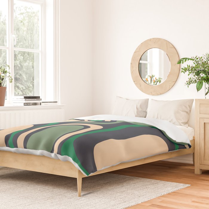 Palm Springs Retro Mid Century Modern Abstract Pattern Dark Blue, Green, and Beige Duvet Cover Gallery Image 2