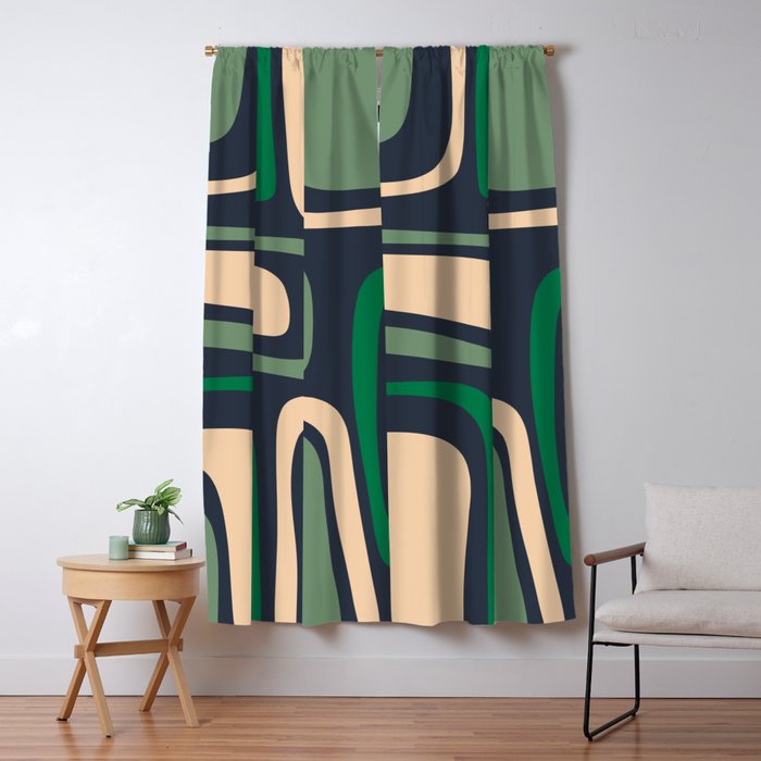 Palm Springs Retro Mid Century Modern Abstract Pattern Dark Blue, Green, and Beige Window Curtain Gallery Image 1