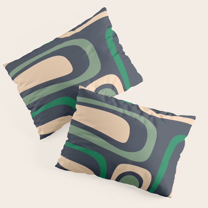 Palm Springs Retro Mid Century Modern Abstract Pattern Dark Blue, Green, and Beige Pillow Sham Gallery Image 1
