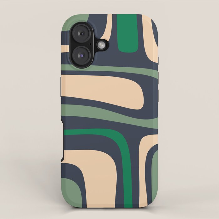 Palm Springs Retro Mid Century Modern Abstract Pattern Dark Blue, Green, and Beige iPhone Case Gallery Image 1
