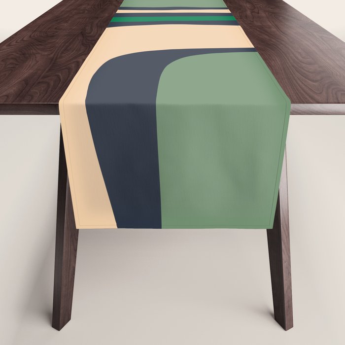 Palm Springs Retro Mid Century Modern Abstract Pattern Dark Blue, Green, and Beige Table Runner Gallery Image 1