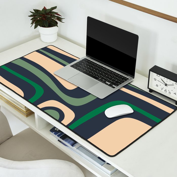 Palm Springs Retro Mid Century Modern Abstract Pattern Dark Blue, Green, and Beige Desk Mat Gallery Image 2