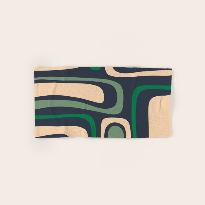 Palm Springs Retro Mid Century Modern Abstract Pattern Dark Blue, Green, and Beige Bath Towel Gallery Image 1