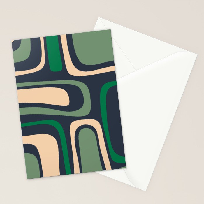 Palm Springs Retro Mid Century Modern Abstract Pattern Dark Blue, Green, and Beige Stationery Card Gallery Image 2