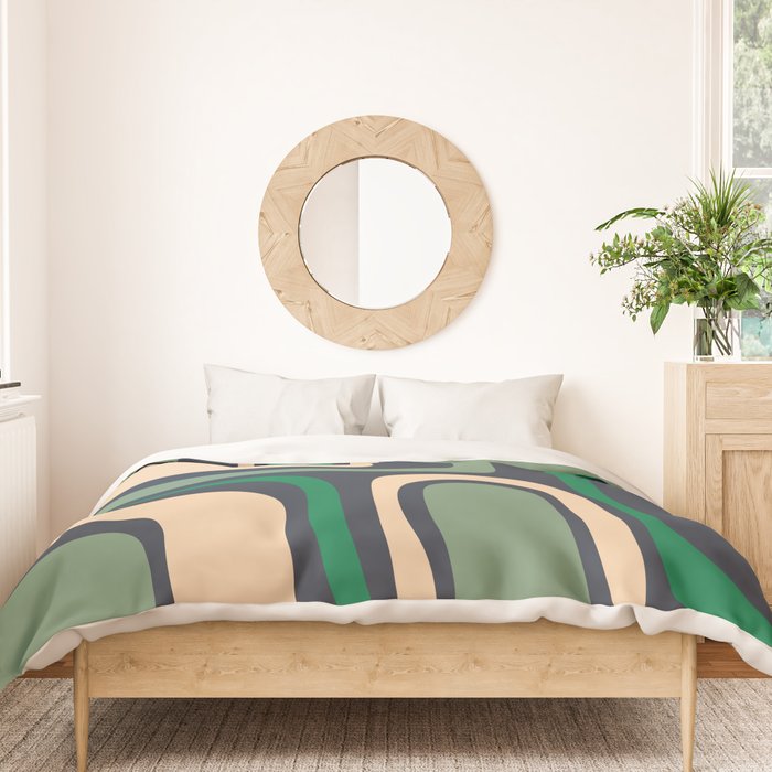 Palm Springs Retro Mid Century Modern Abstract Pattern Dark Blue, Green, and Beige Duvet Cover Gallery Image 3