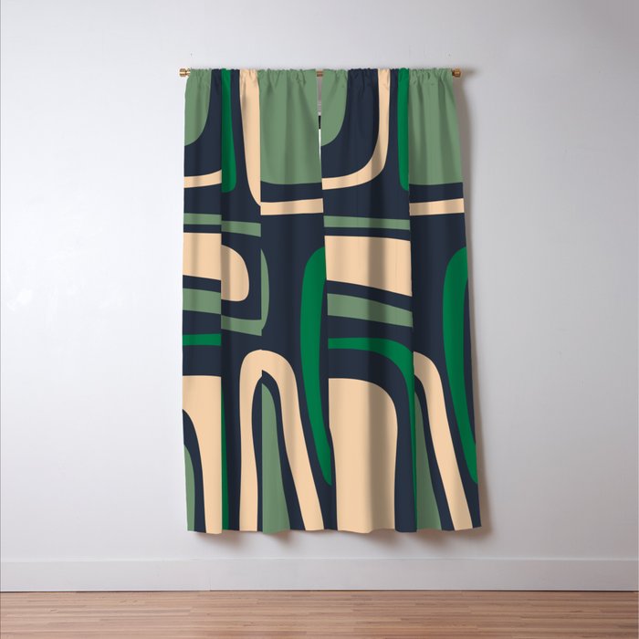 Palm Springs Retro Mid Century Modern Abstract Pattern Dark Blue, Green, and Beige Window Curtain Gallery Image 3