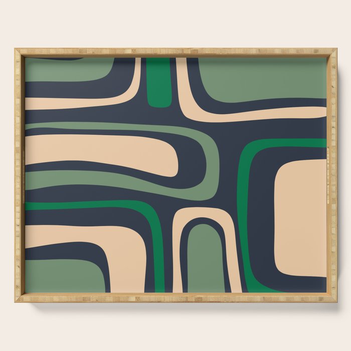 Palm Springs Retro Mid Century Modern Abstract Pattern Dark Blue, Green, and Beige Serving Tray Gallery Image 1