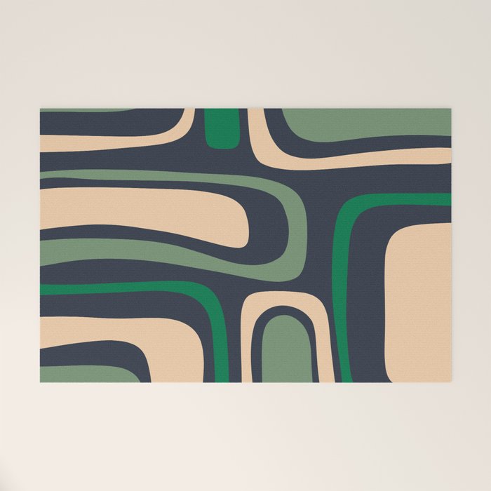 Palm Springs Retro Mid Century Modern Abstract Pattern Dark Blue, Green, and Beige Welcome Mat Gallery Image 1