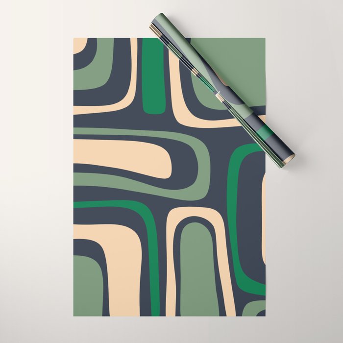 Palm Springs Retro Mid Century Modern Abstract Pattern Dark Blue, Green, and Beige Wrapping Paper Gallery Image 1