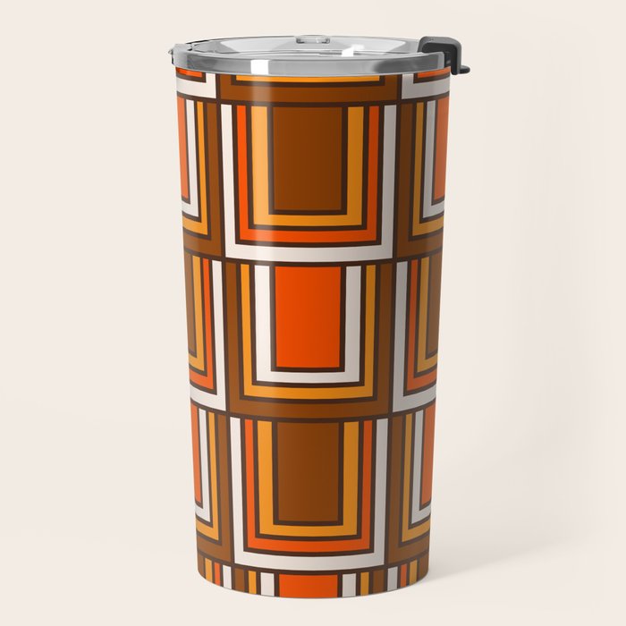 Retro 70s Brown and Orange Geometric Portes Pattern II Travel Mug Gallery Image 2