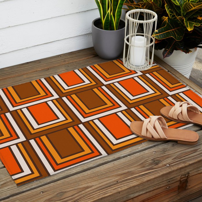 Retro 70s Brown and Orange Geometric Portes Pattern II Outdoor Rug Gallery Image 2