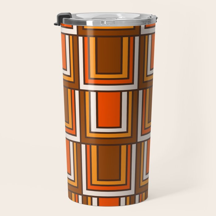 Retro 70s Brown and Orange Geometric Portes Pattern II Travel Mug Gallery Image 3