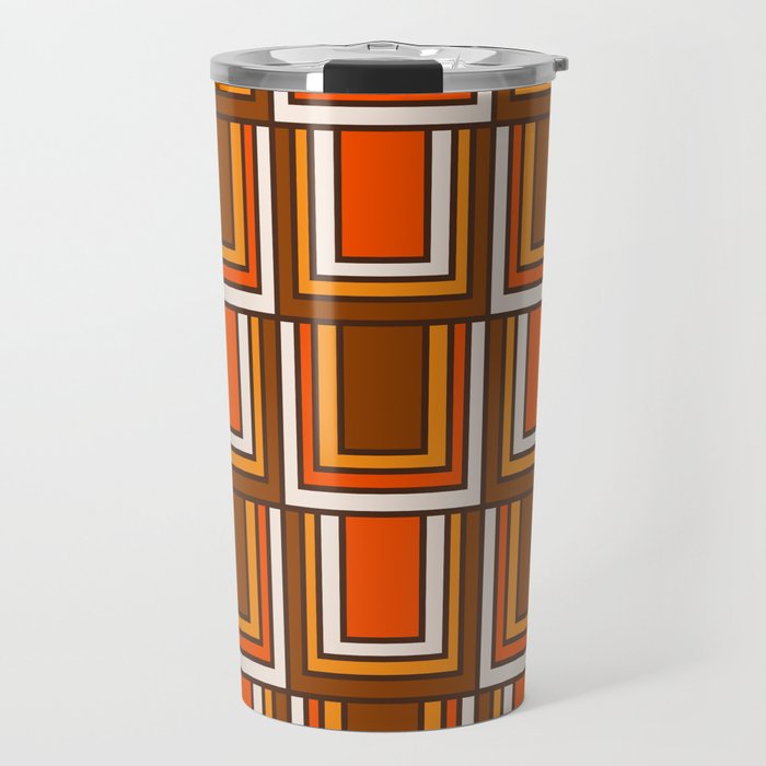 Retro 70s Brown and Orange Geometric Portes Pattern II Travel Mug Gallery Image 1