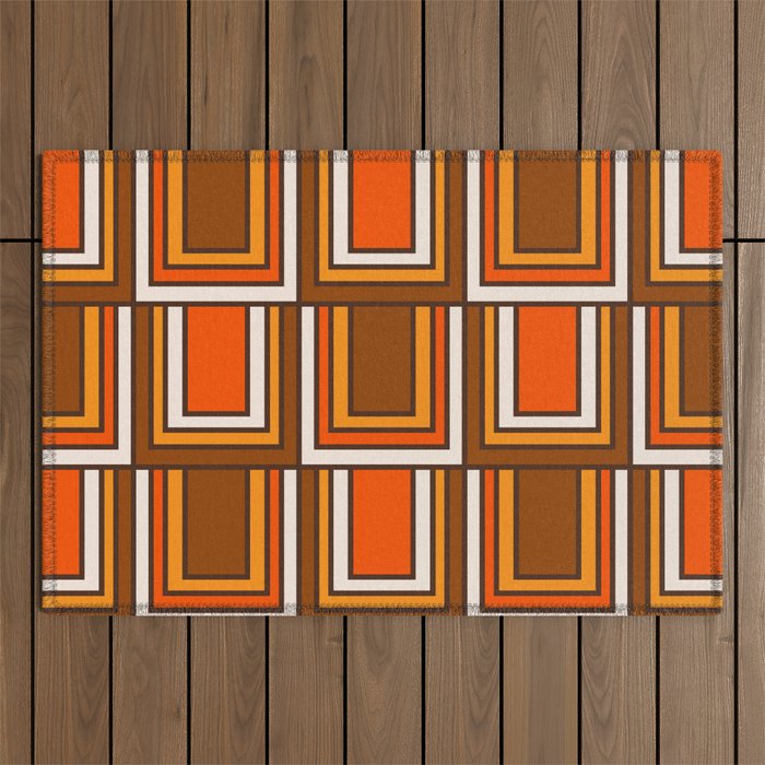 Retro 70s Brown and Orange Geometric Portes Pattern II Outdoor Rug Gallery Image 1